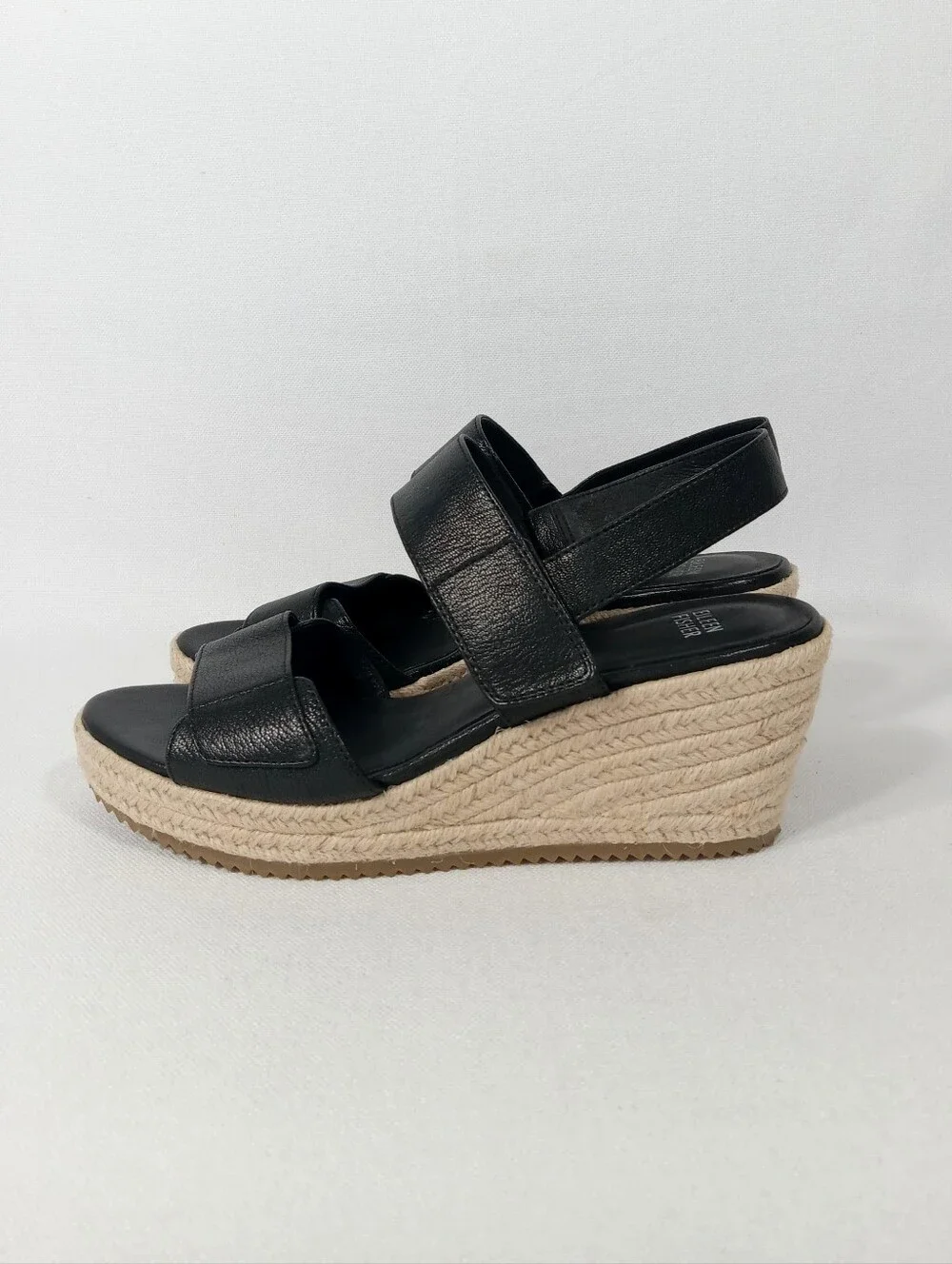 EILEEN FISHER 'Winnie' Black Leather Espadrille Wedge Sandals Women's Size 8